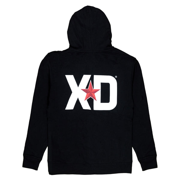 Black pullover hoodie featuring a large white XD logo and red star on the back, perfect for automotive enthusiasts.