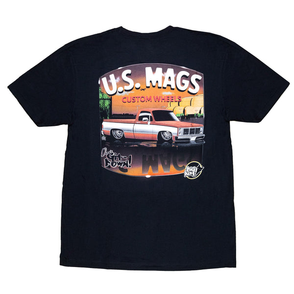 US Mags DINOS Short Sleeve T-Shirt featuring a vintage truck graphic and custom wheels design on the back.