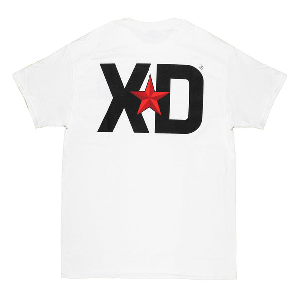 White short sleeve t-shirt featuring a large black XD logo with a red star on the back, ideal for automotive enthusiasts.