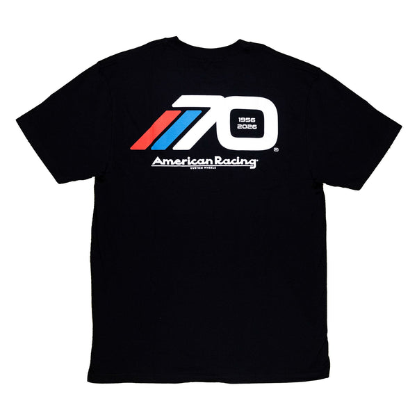 Black short sleeve t-shirt featuring a bold 70th anniversary graphic for American Racing on the back.