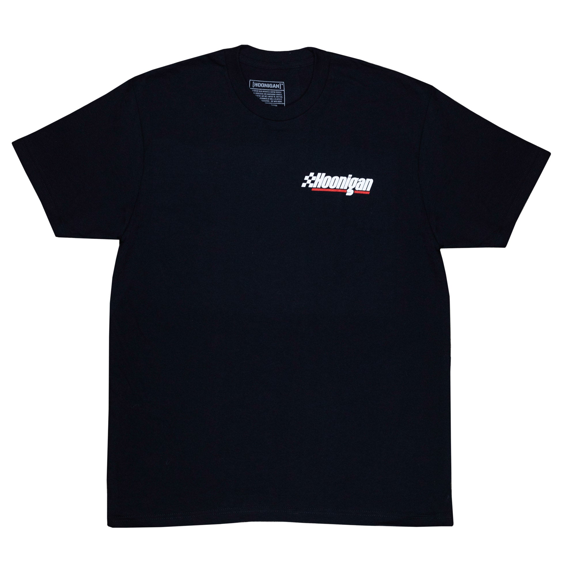 Black short sleeve t-shirt featuring the Hoonigan logo and checkered flag design, perfect for motorsport enthusiasts.