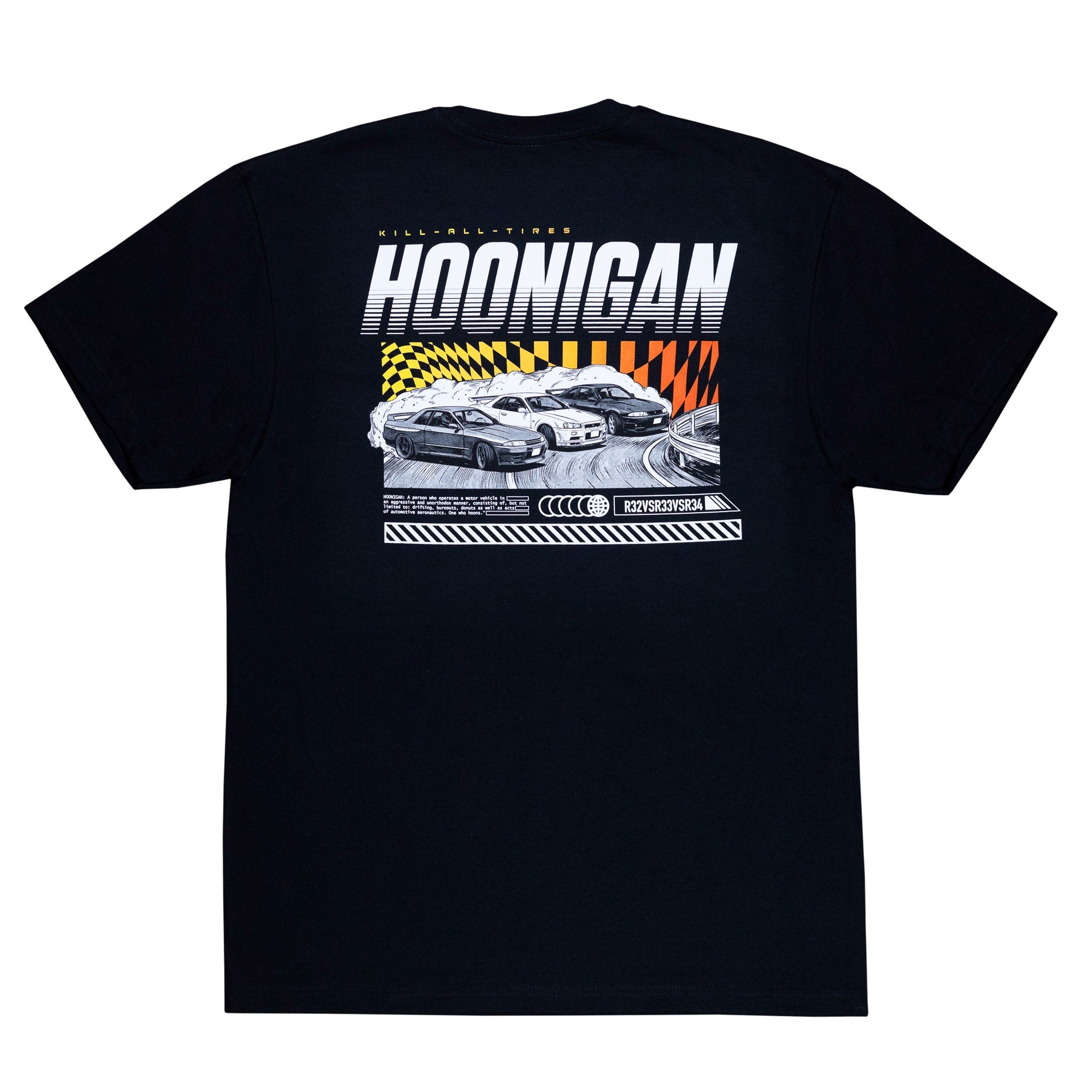 Black short sleeve Hoonigan SLIDEWAYS T-shirt featuring dynamic car graphics and bold logo on the back.