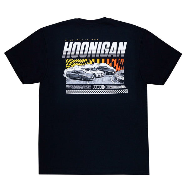 Black short sleeve Hoonigan SLIDEWAYS T-shirt featuring dynamic car graphics and bold logo on the back.