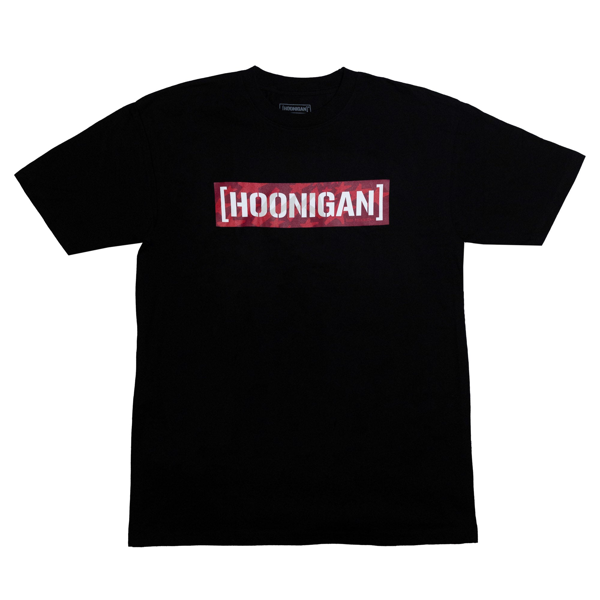 Black short sleeve t-shirt featuring a bold red and white Hoonigan logo across the chest, designed for motorsport enthusiasts.