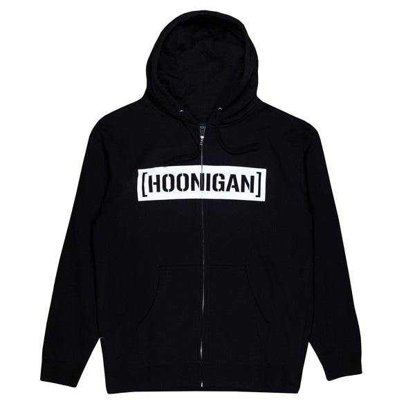Black zip hoodie featuring a bold white "[HOONIGAN]" logo across the chest, ideal for motorsport enthusiasts.
