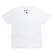 White short sleeve t-shirt featuring the Hoonigan logo and a graphic of a car performing a drift on the back.