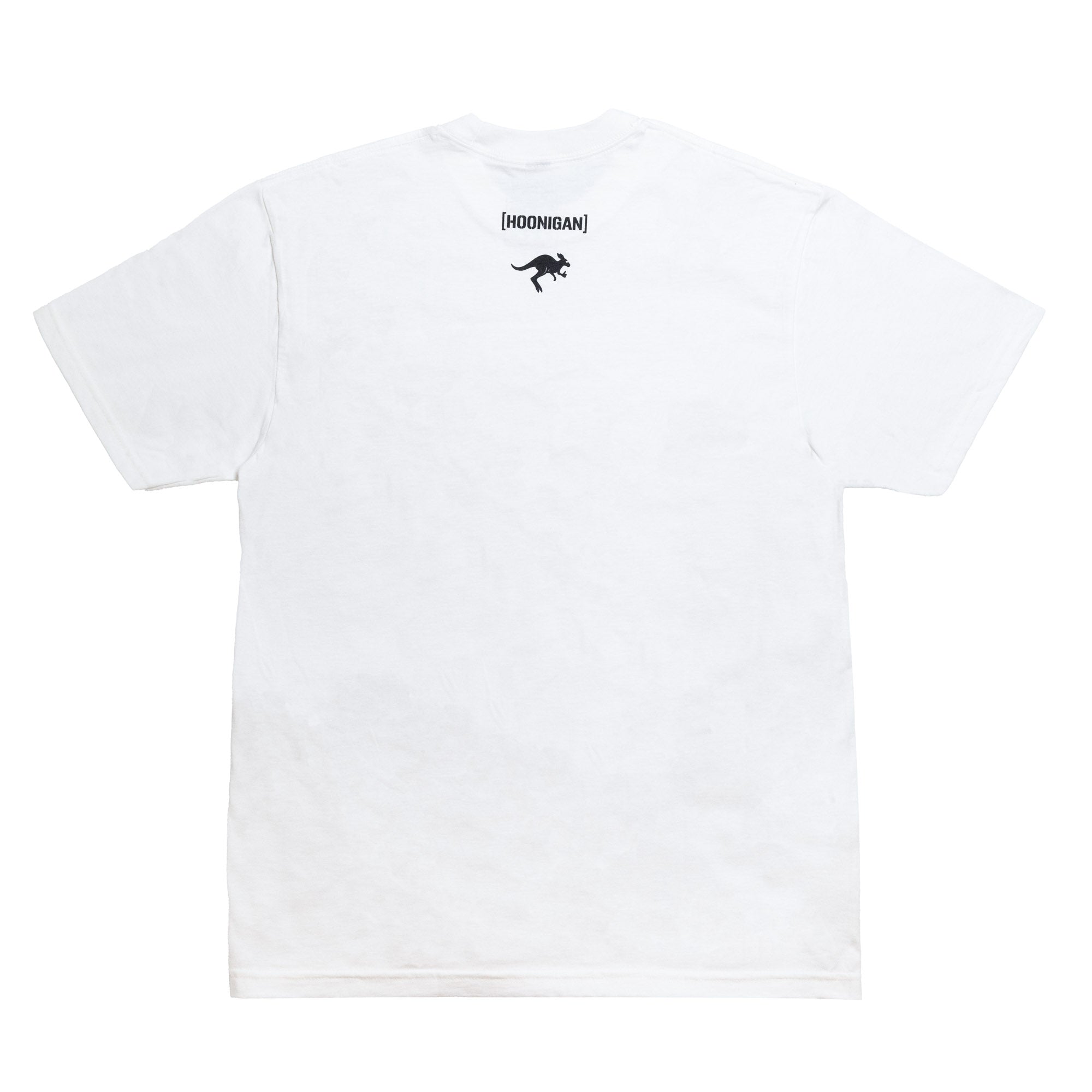 White short sleeve t-shirt featuring the Hoonigan logo and a graphic of a car performing a drift on the back.