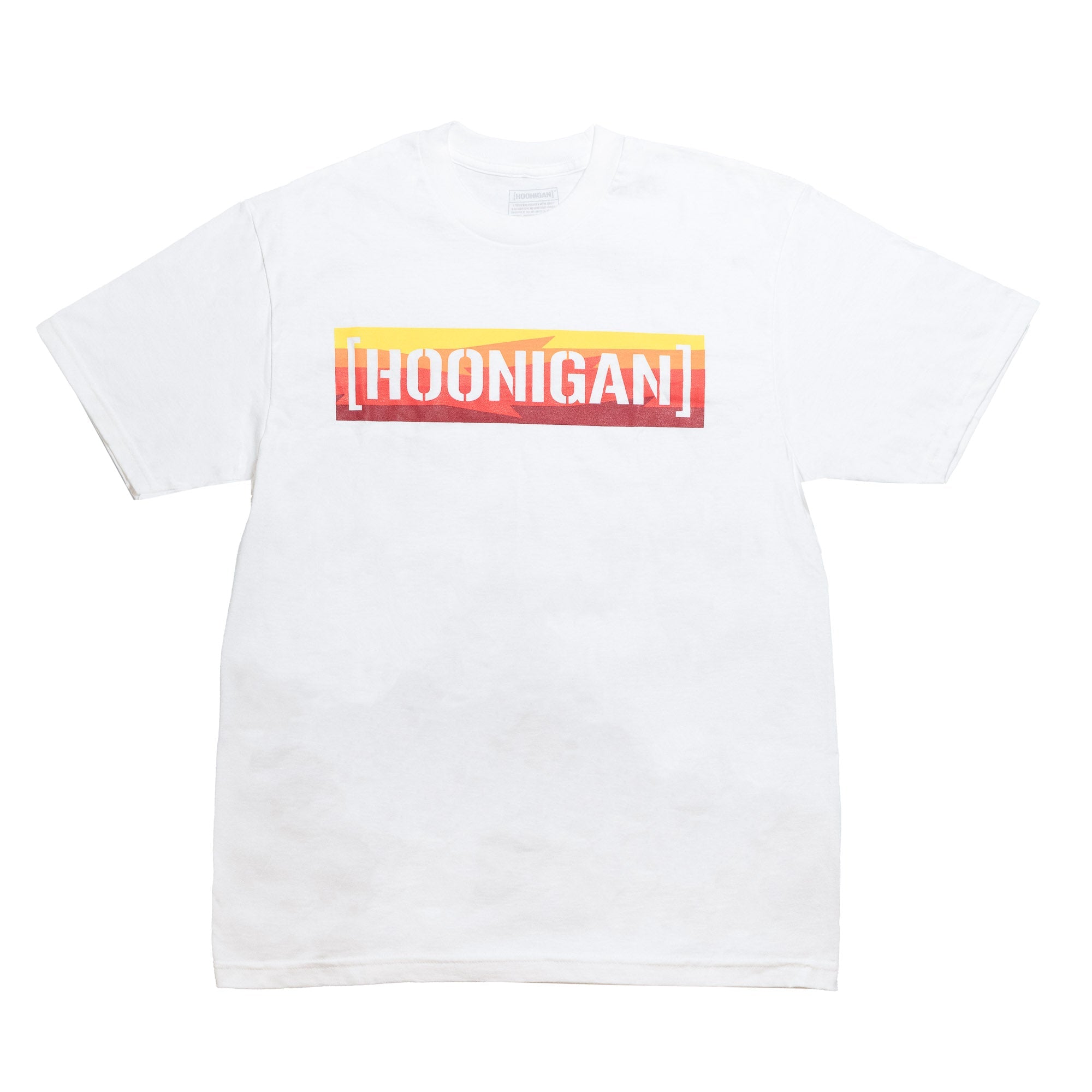 White short sleeve t-shirt featuring a bold gradient "[HOONIGAN]" logo, perfect for motorsport enthusiasts.
