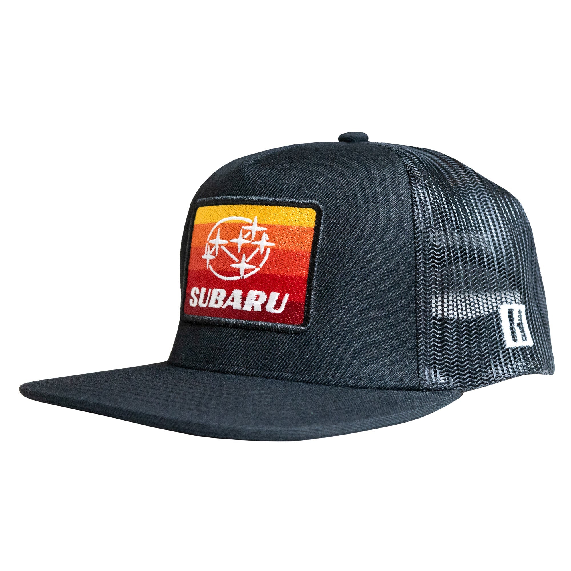 Hoonigan GYMKHANA AUSSIE SHRED HORIZON Trucker Snapback Hat featuring a Subaru logo and vibrant sunset design.
