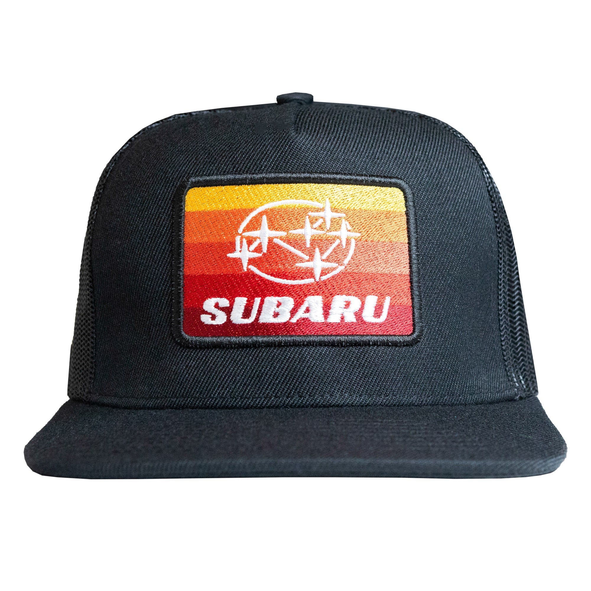 Black trucker snapback hat featuring a retro Subaru logo with a vibrant orange and red gradient background.