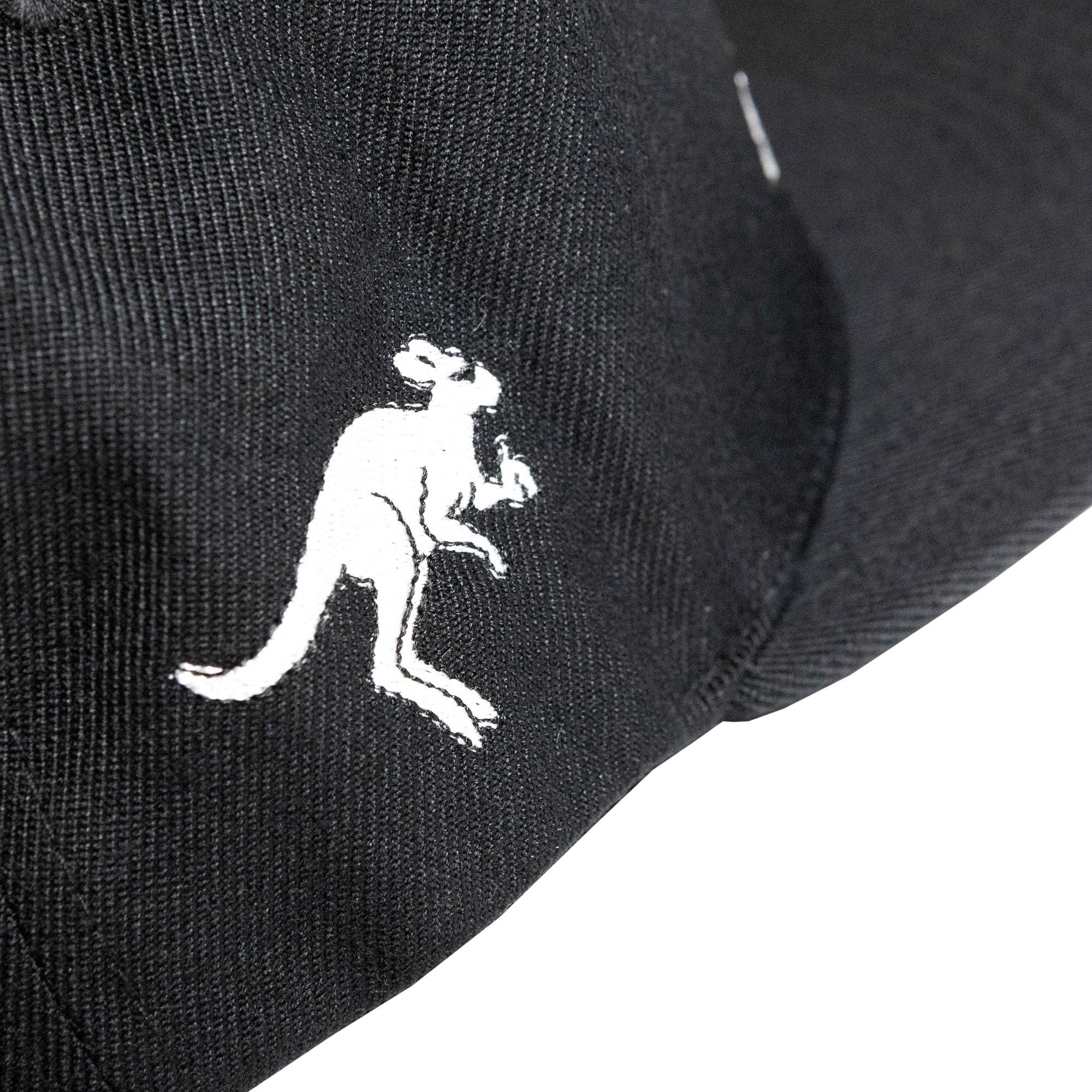 Black snapback hat featuring a white kangaroo logo, designed for motorsport enthusiasts and Hoonigan fans.