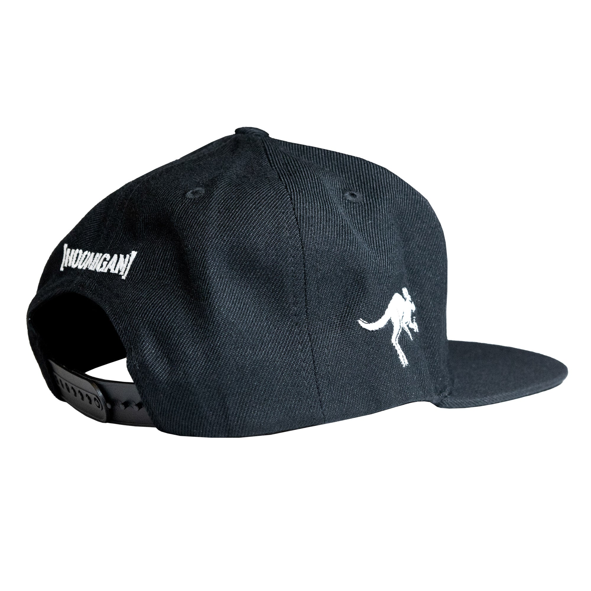 Black snapback hat featuring Hoonigan logo and a kangaroo graphic, designed for motorsport and car culture enthusiasts.