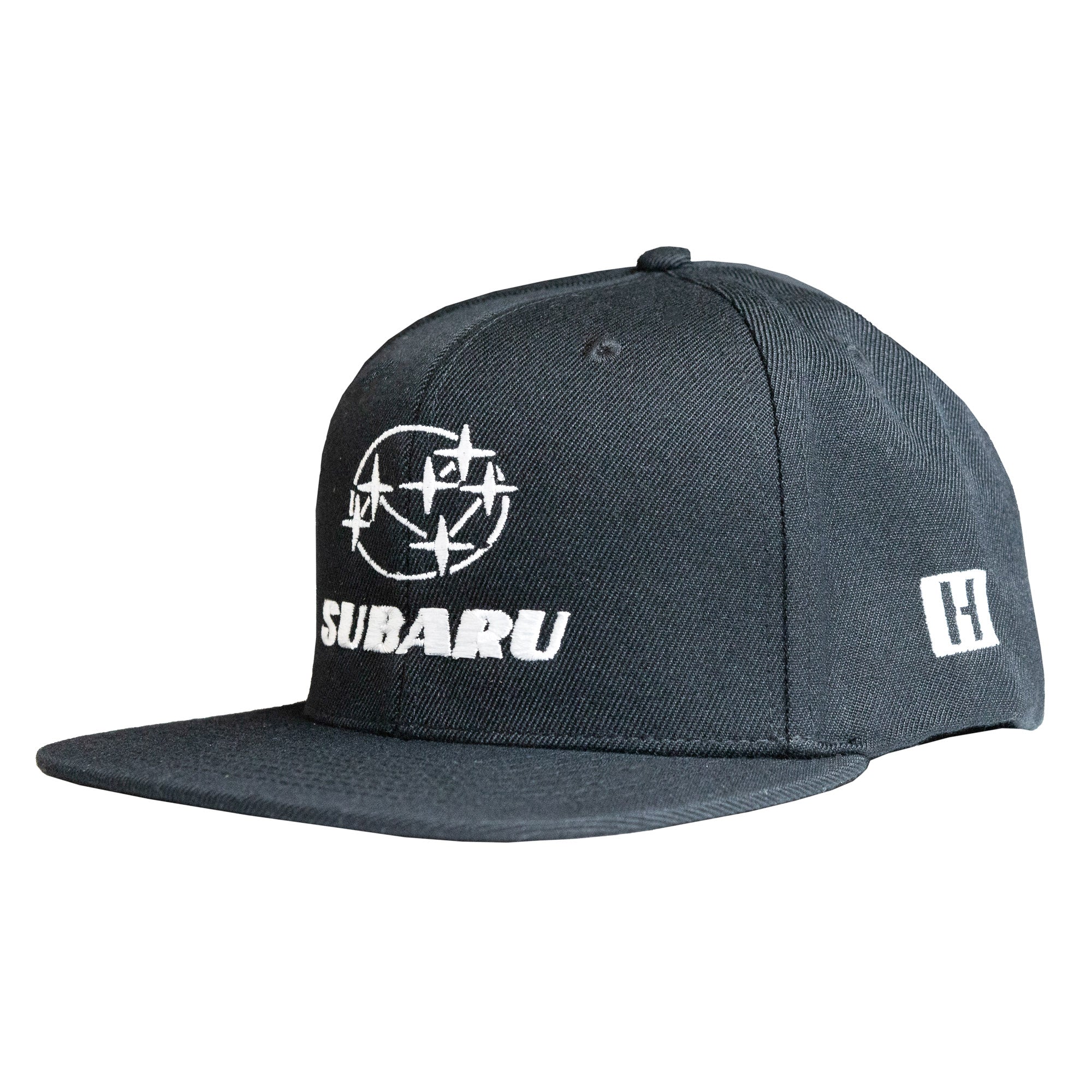 Black snapback hat featuring the Subaru logo and Hoonigan branding, perfect for motorsport enthusiasts.