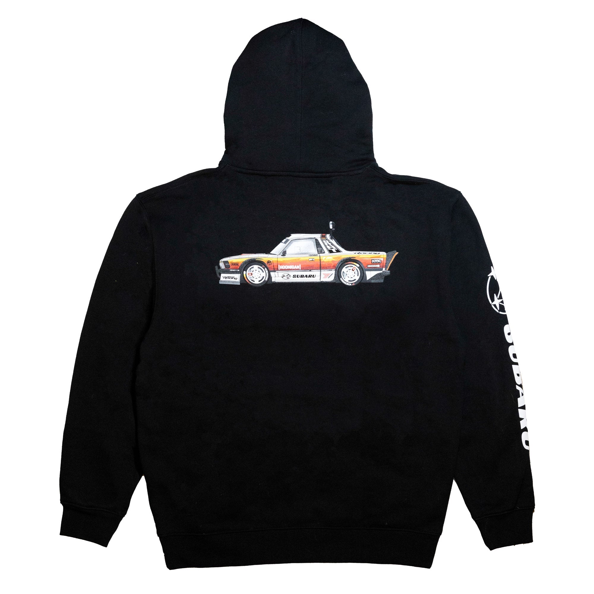 Black pullover hoodie featuring a colorful graphic of a classic car on the back and Hoonigan branding on the sleeve.