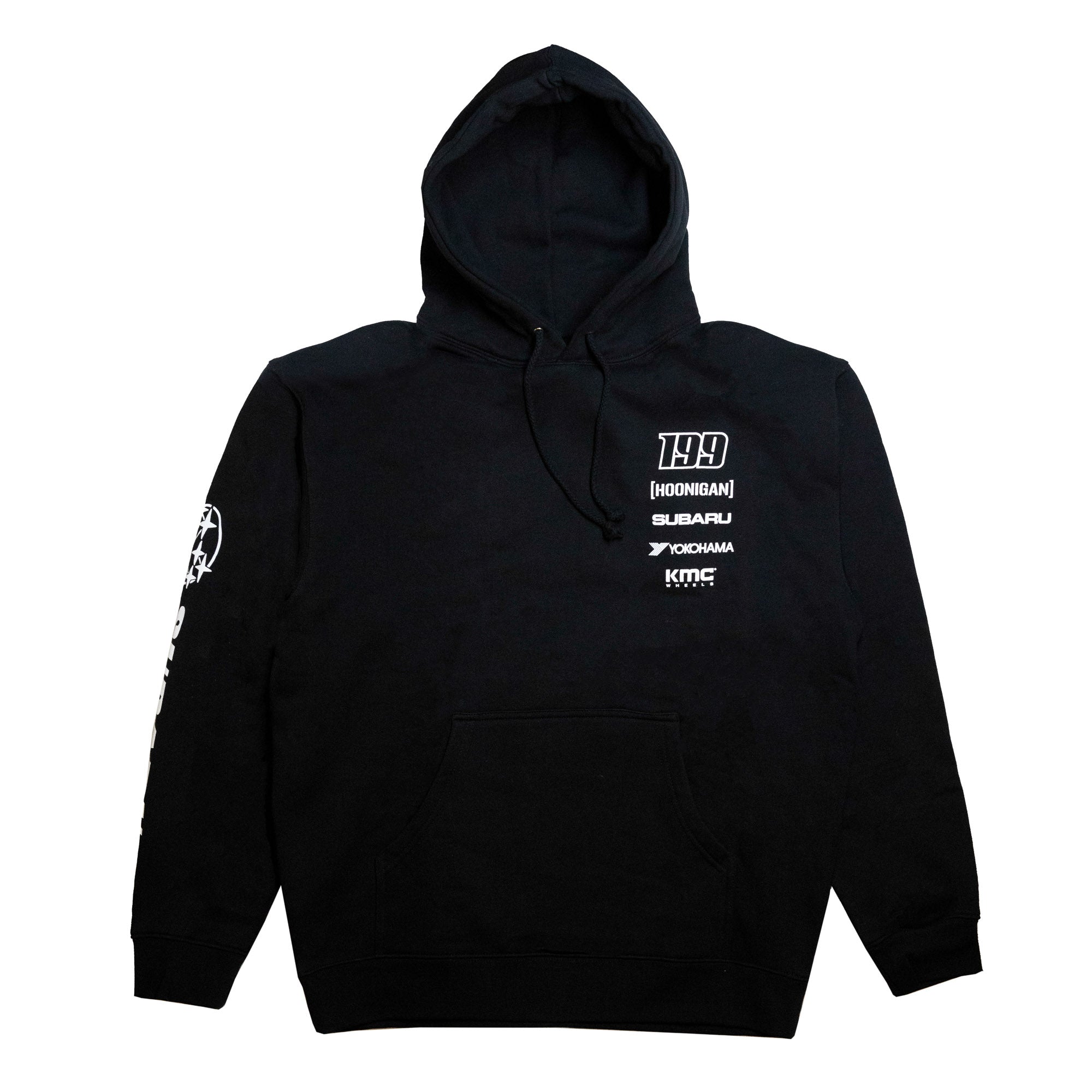 Black pullover hoodie featuring Hoonigan branding, Subaru logos, and a front pocket, perfect for motorsport enthusiasts.