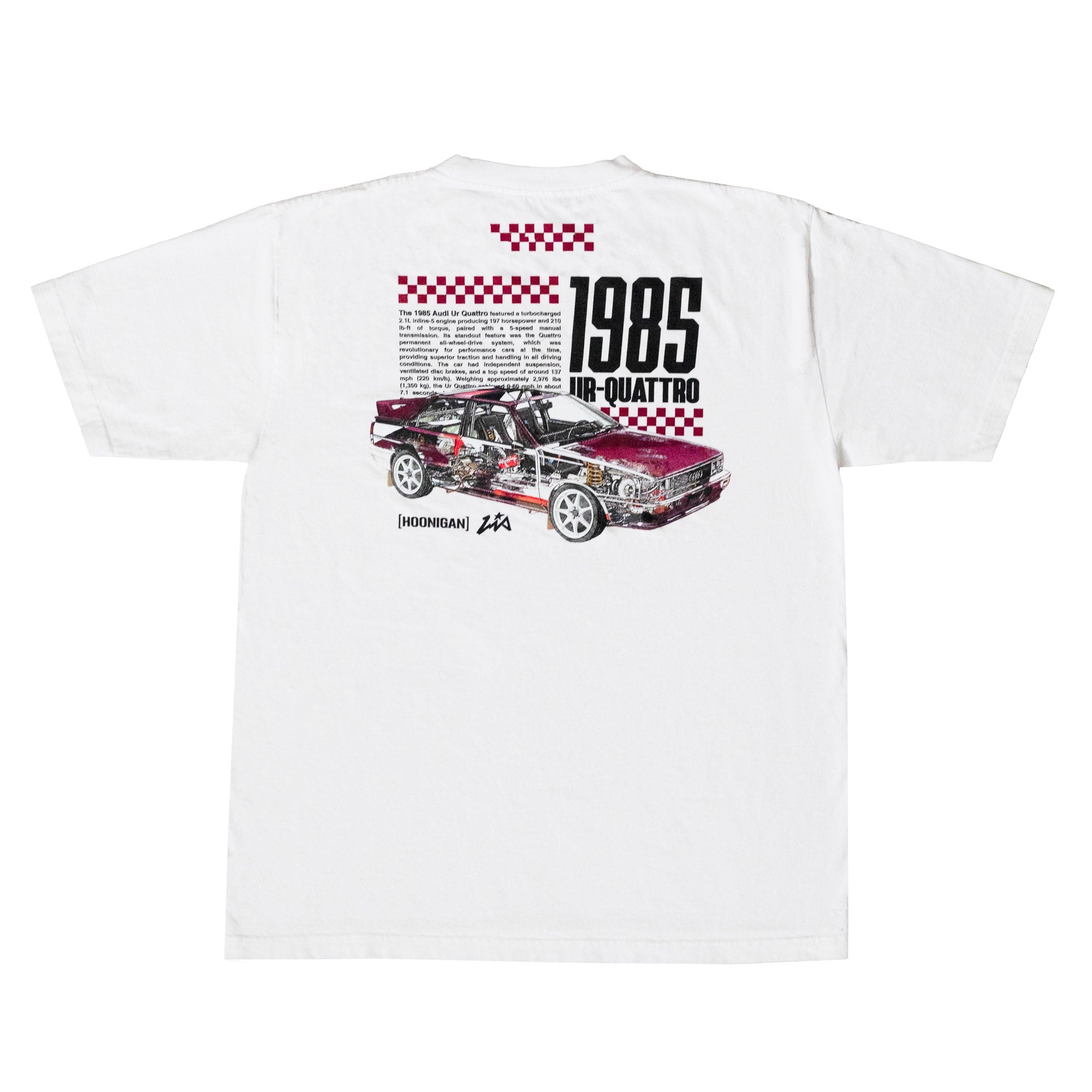 Hoonigan x Lia Block INNER WORKINGS Short Sleeve T-Shirt featuring a graphic of a 1985 Audi UR-Quattro on the back.