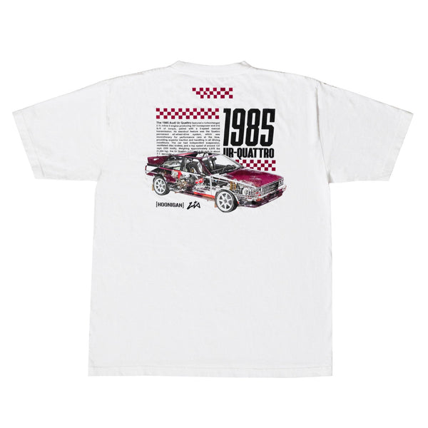 Hoonigan x Lia Block INNER WORKINGS Short Sleeve T-Shirt featuring a graphic of a 1985 Audi UR-Quattro on the back.