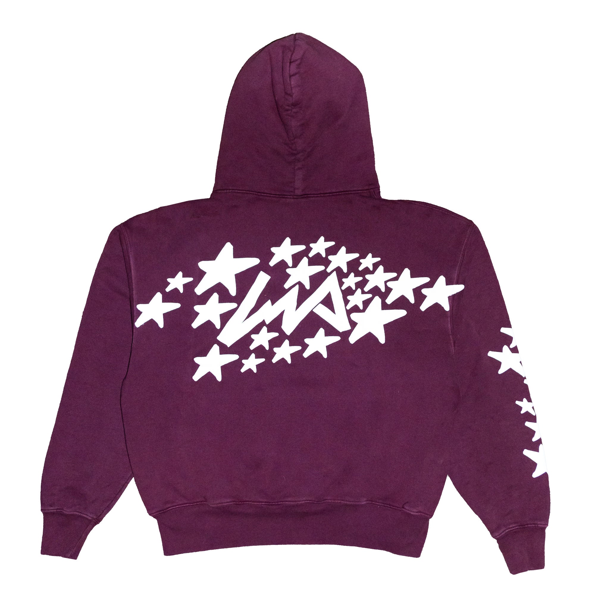 Hoonigan x Lia Block UR STAR Pullover Hoodie in burgundy featuring a star graphic design on the back and sleeve.