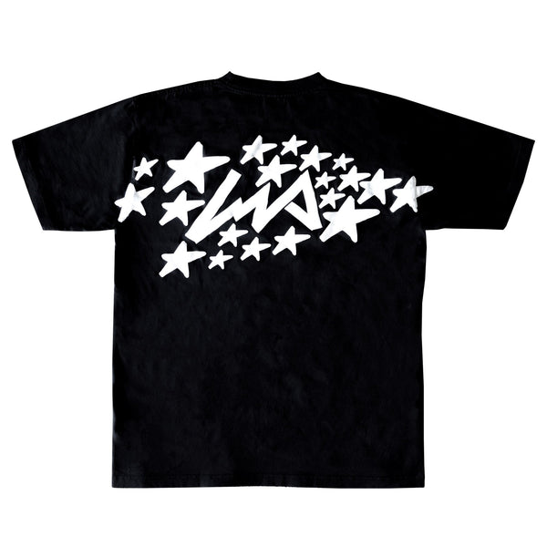 Black short sleeve t-shirt featuring a bold star graphic and the Hoonigan logo on the back, celebrating car culture.