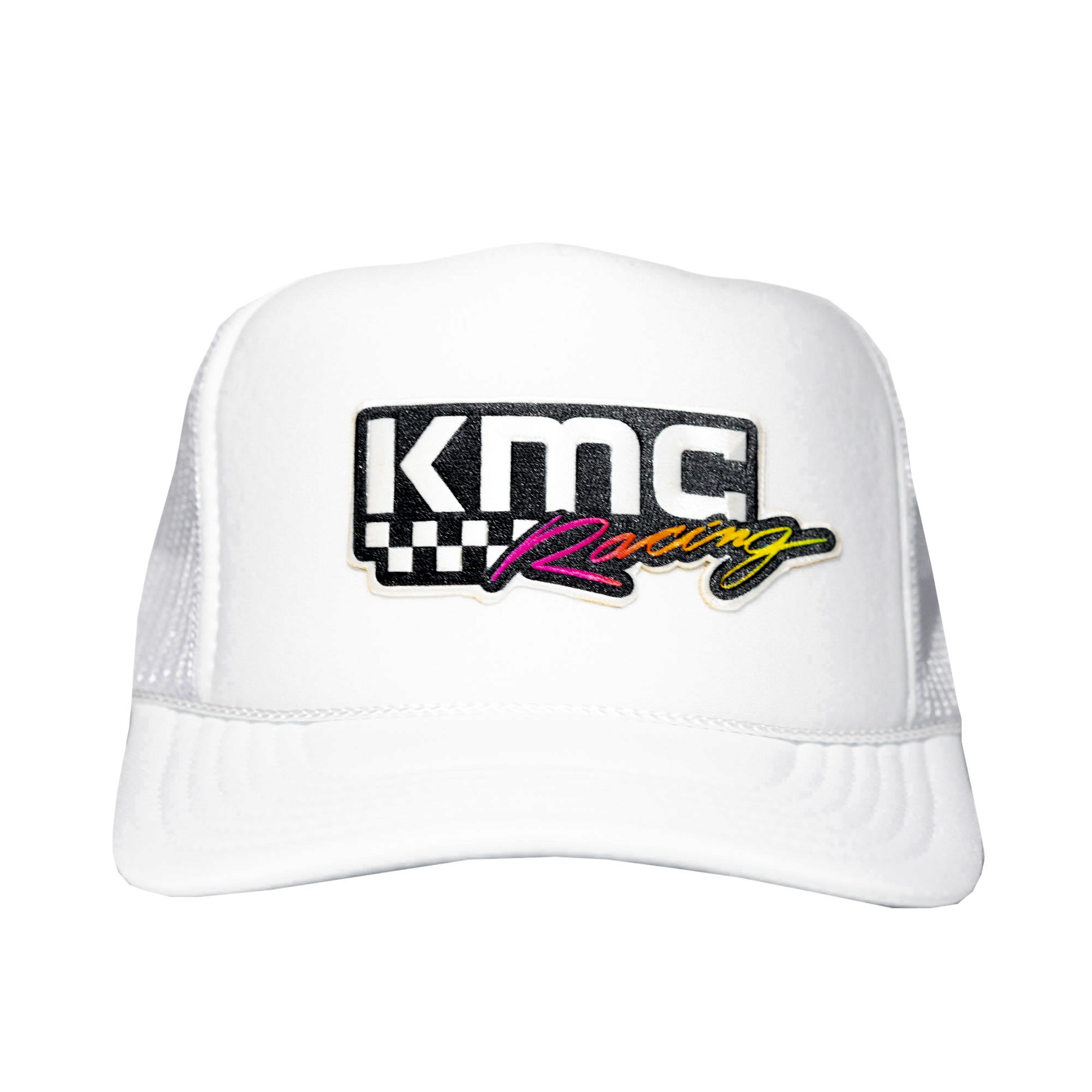 KMC Racing trucker hat featuring a bold logo on a white mesh design, perfect for motorsport enthusiasts.
