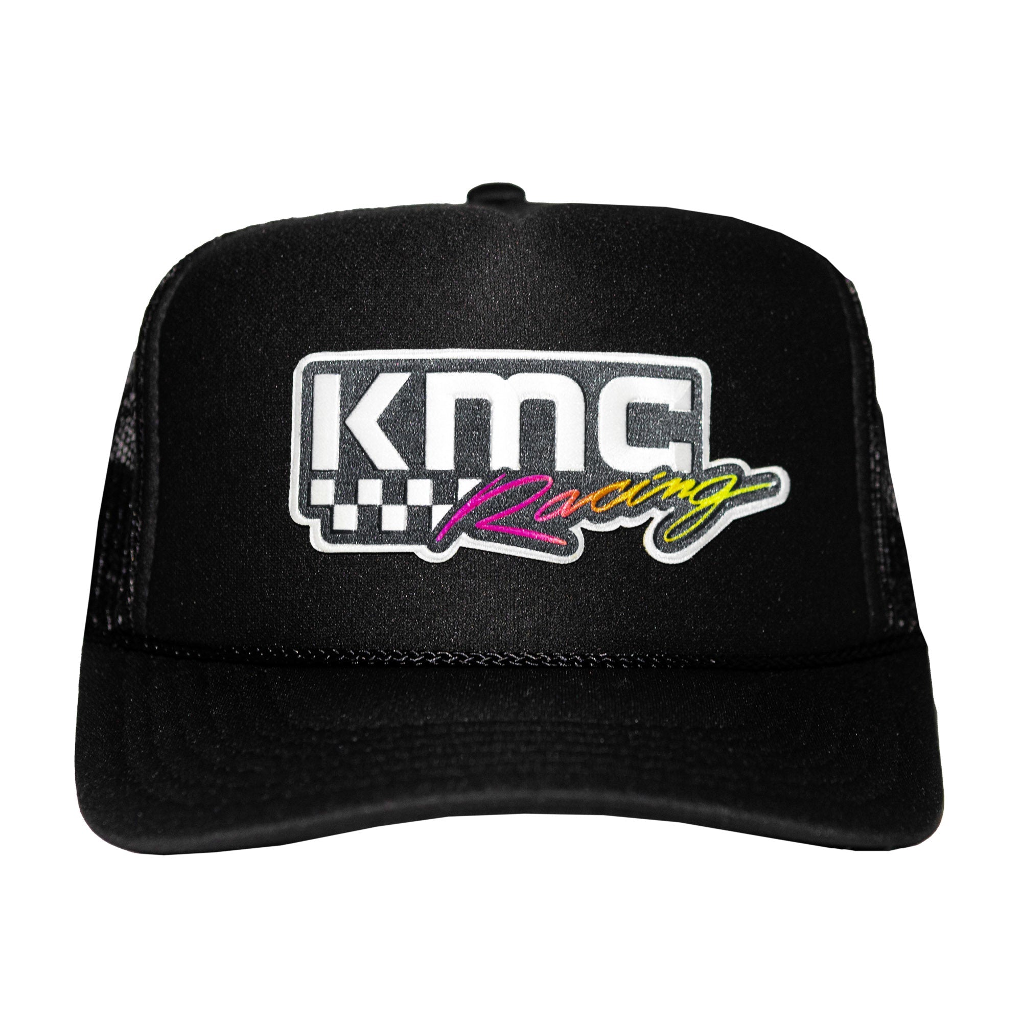 Black KMC Racing trucker hat featuring a colorful logo, perfect for motorsport enthusiasts and car culture fans.