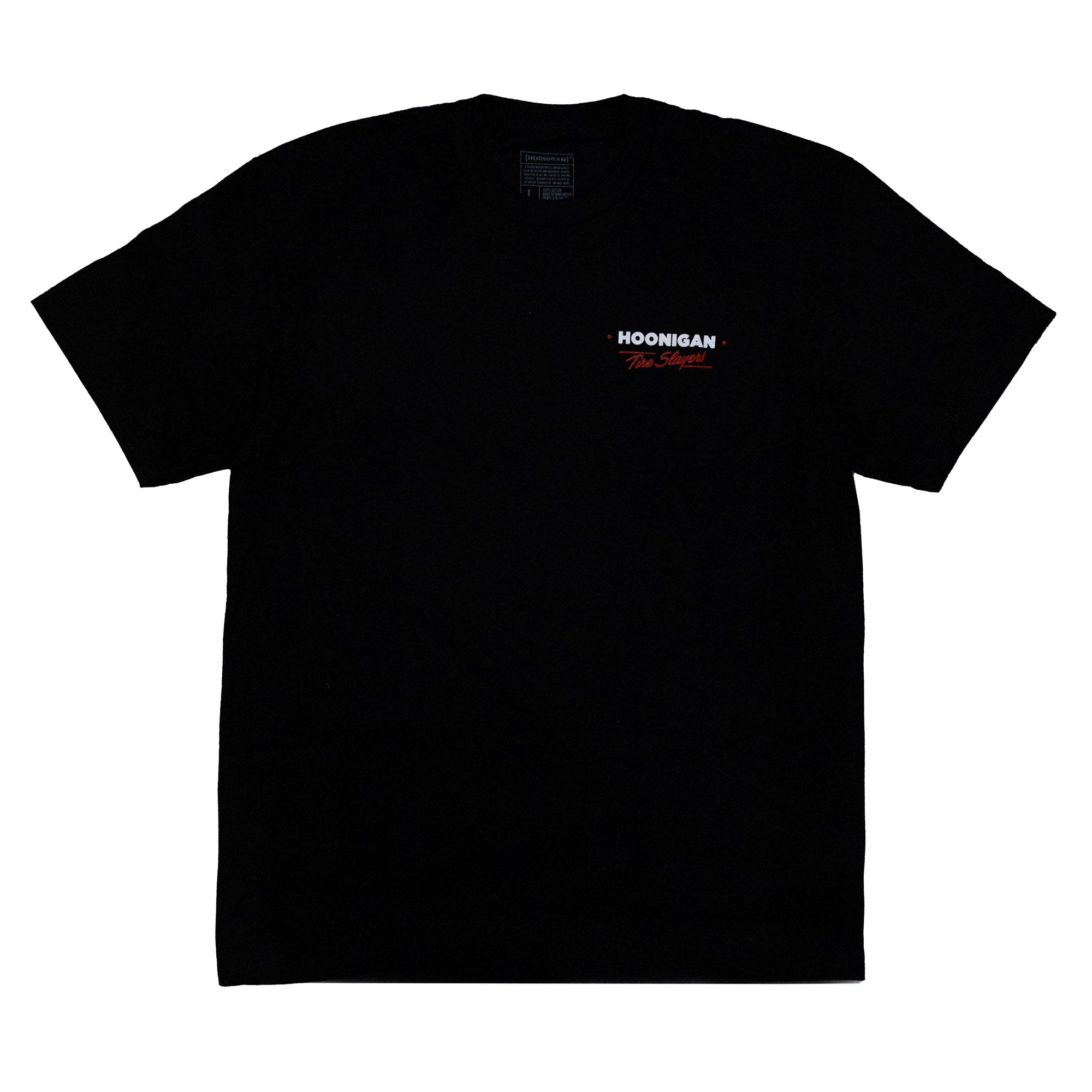 Black short sleeve t-shirt featuring Hoonigan logo on the front, designed for motorsport enthusiasts and car culture fans.