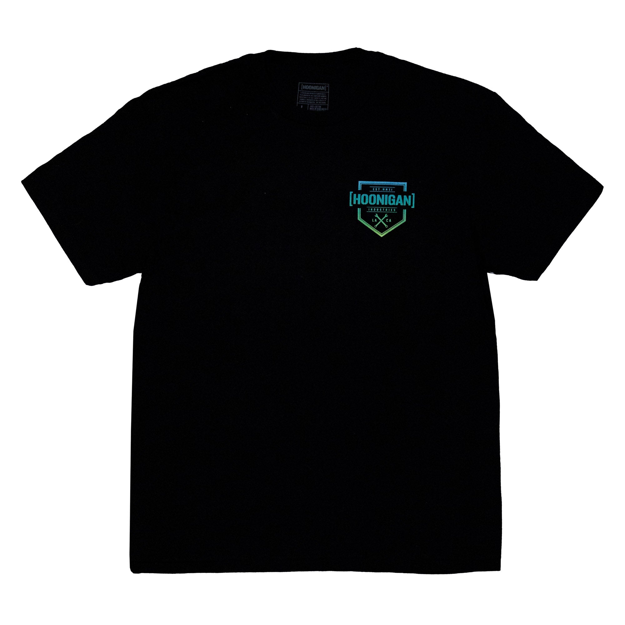 Black short sleeve t-shirt featuring the Hoonigan logo and bracket design on the front, ideal for motorsport enthusiasts.