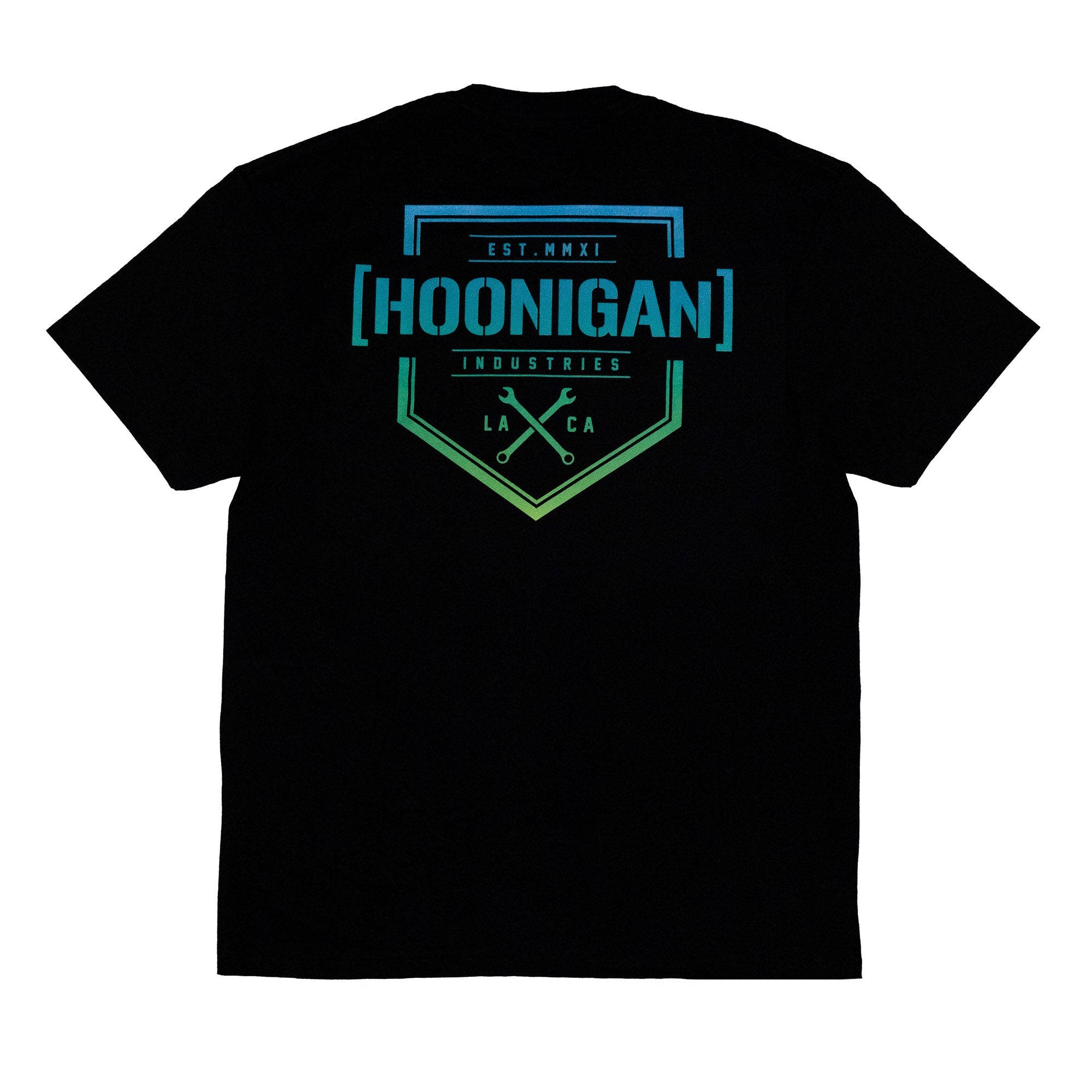 Black short sleeve t-shirt featuring a colorful Hoonigan logo and established date graphic on the back.