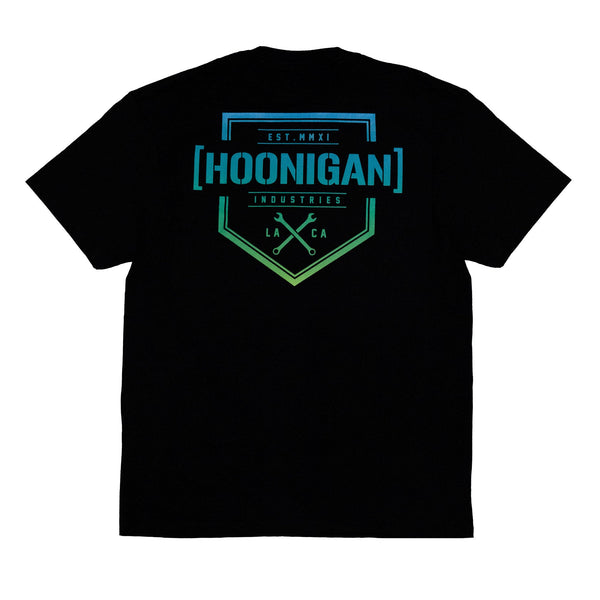 Black short sleeve t-shirt featuring a colorful Hoonigan logo and established date graphic on the back.