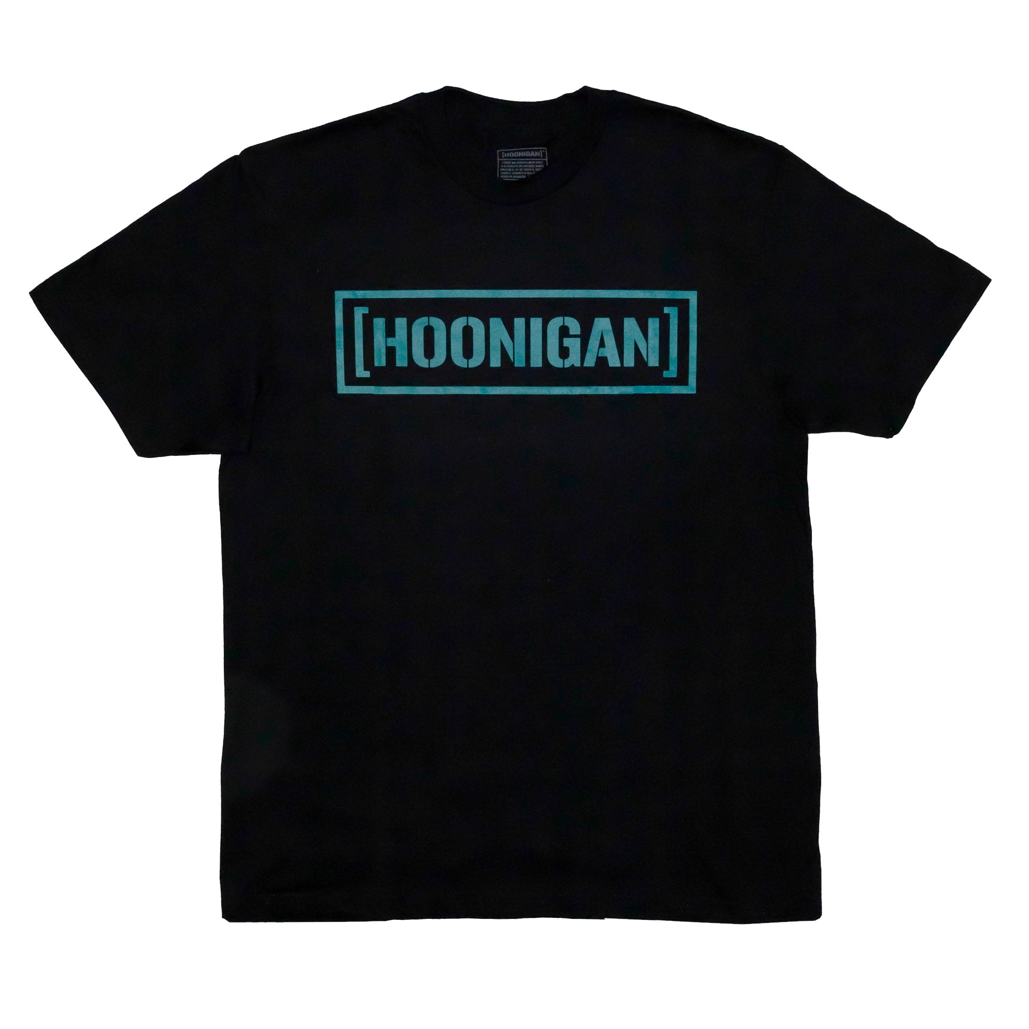 Black short sleeve t-shirt featuring a bold turquoise "[HOONIGAN]" logo, perfect for motorsport enthusiasts.