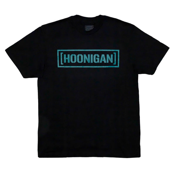 Black short sleeve t-shirt featuring a bold turquoise "[HOONIGAN]" logo, perfect for motorsport enthusiasts.
