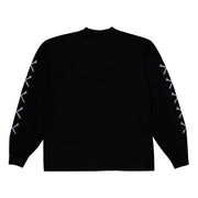 Black long sleeve t-shirt featuring the Hoonigan logo and crossed wrench graphics on the sleeves for automotive enthusiasts.