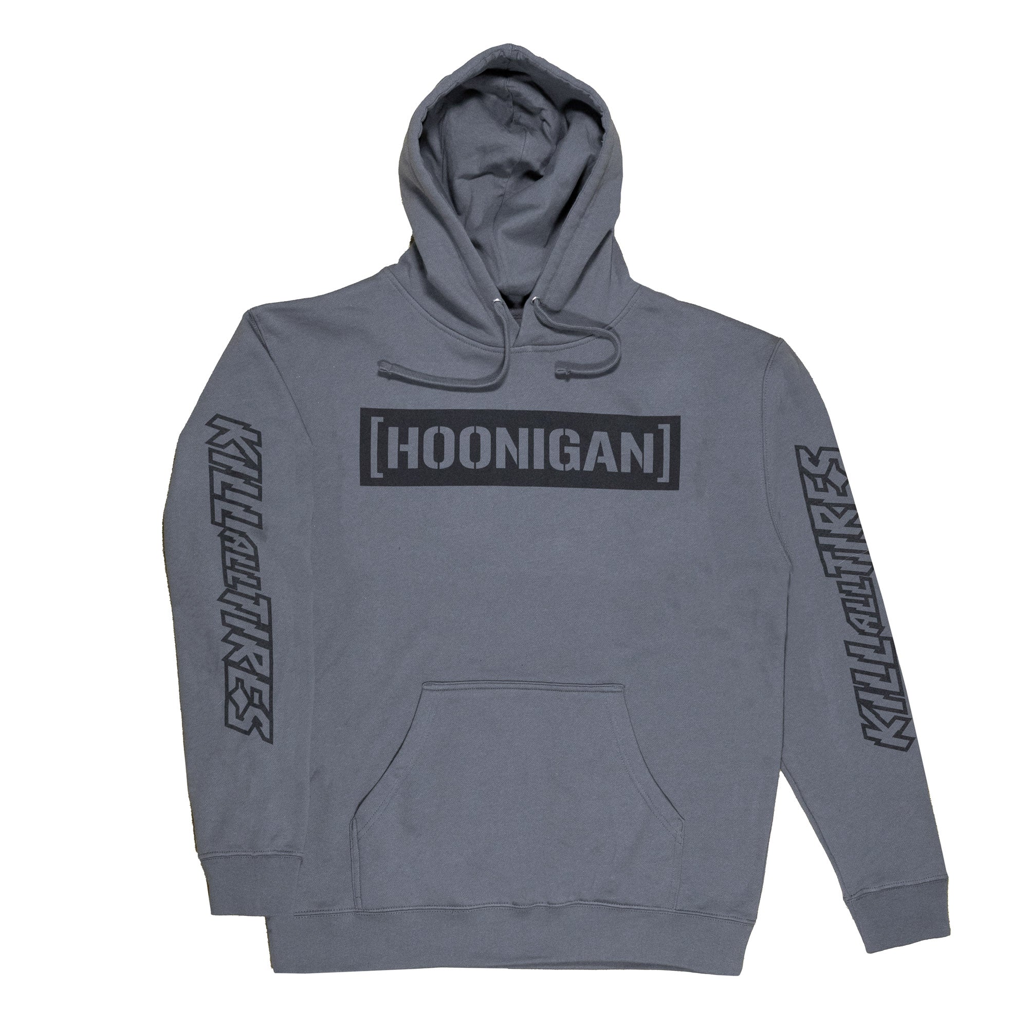 Gray pullover hoodie featuring Hoonigan logo and "KILL ALL TIRES" text on sleeves, perfect for motorsport enthusiasts.