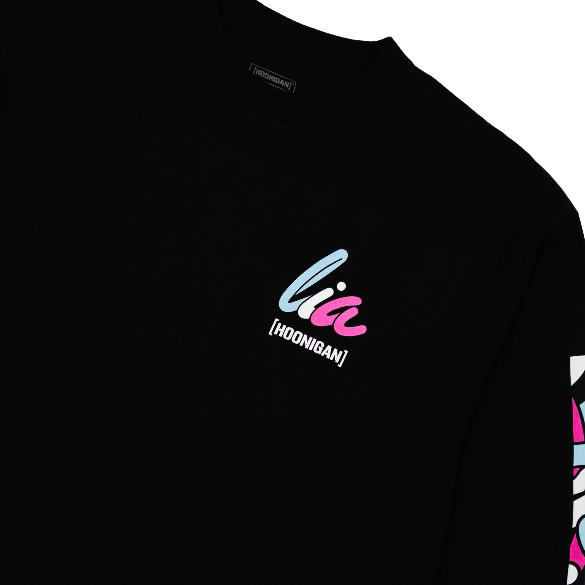 Black long sleeve t-shirt featuring colorful Hoonigan x Lia Block graphics on the chest and sleeve, perfect for motorsport fans.