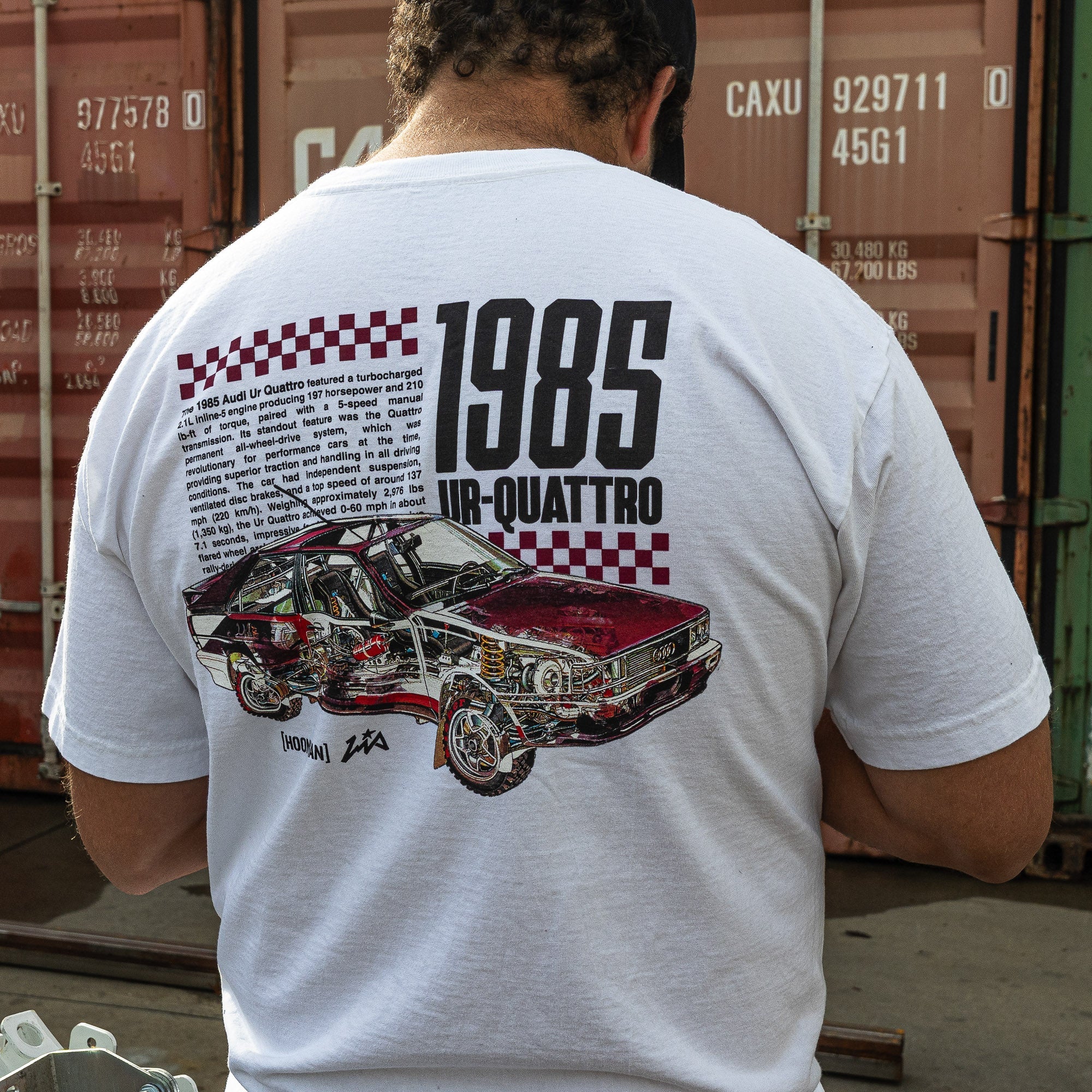 Hoonigan x Lia Block INNER WORKINGS Short Sleeve T-Shirt featuring a detailed graphic of the 1985 Audi Quattro on the back.
