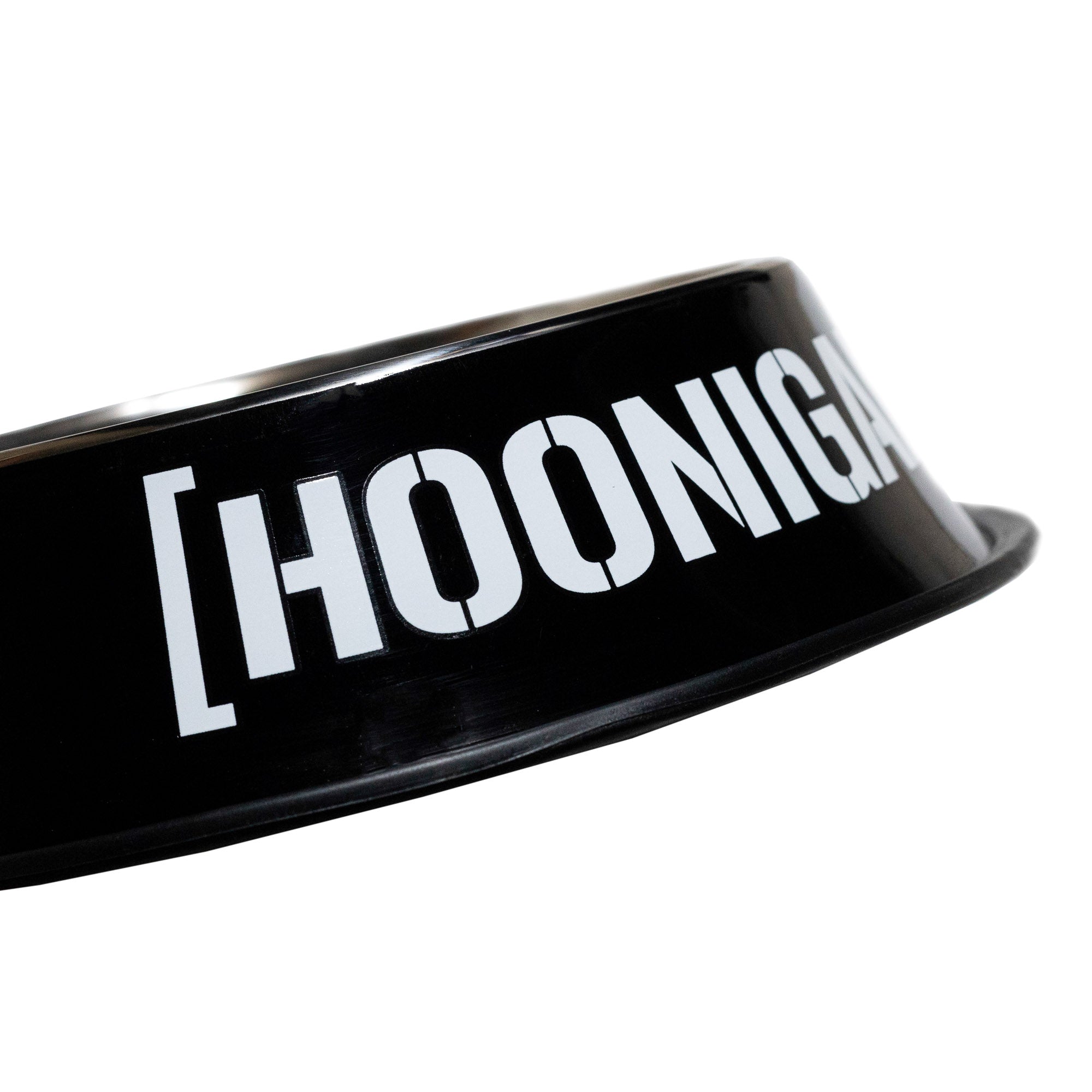 Hoonigan CENSOR BAR BRACKET LOGO metal dog bowl featuring a sleek black design with bold white lettering.
