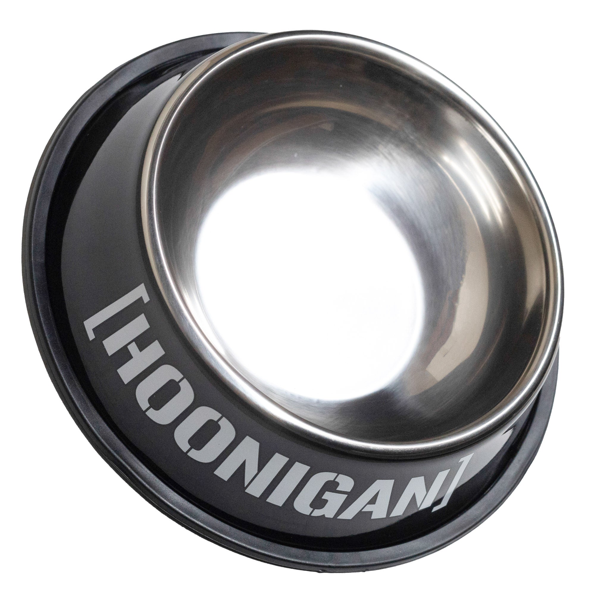 Hoonigan metal dog bowl featuring a durable design and bold logo, perfect for automotive enthusiasts' pets.