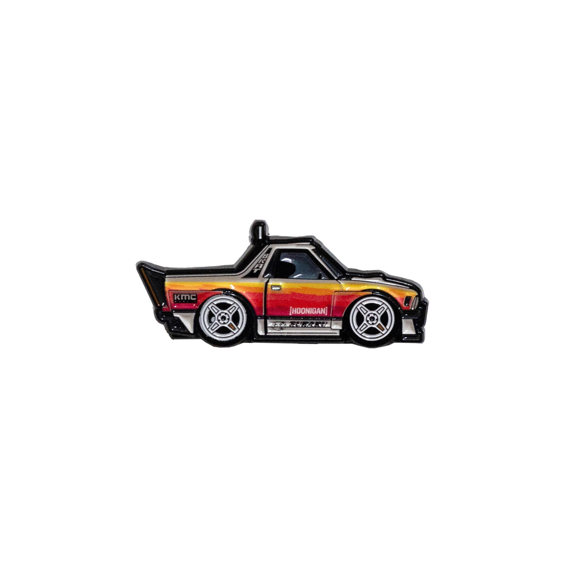 Hoonigan x Leen Customs GYMKHANA BRAT collectible pin featuring a stylized truck design with vibrant colors and detailed wheels.