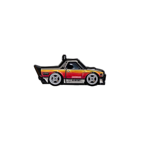 Hoonigan x Leen Customs GYMKHANA BRAT collectible pin featuring a stylized truck design with vibrant colors and detailed wheels.