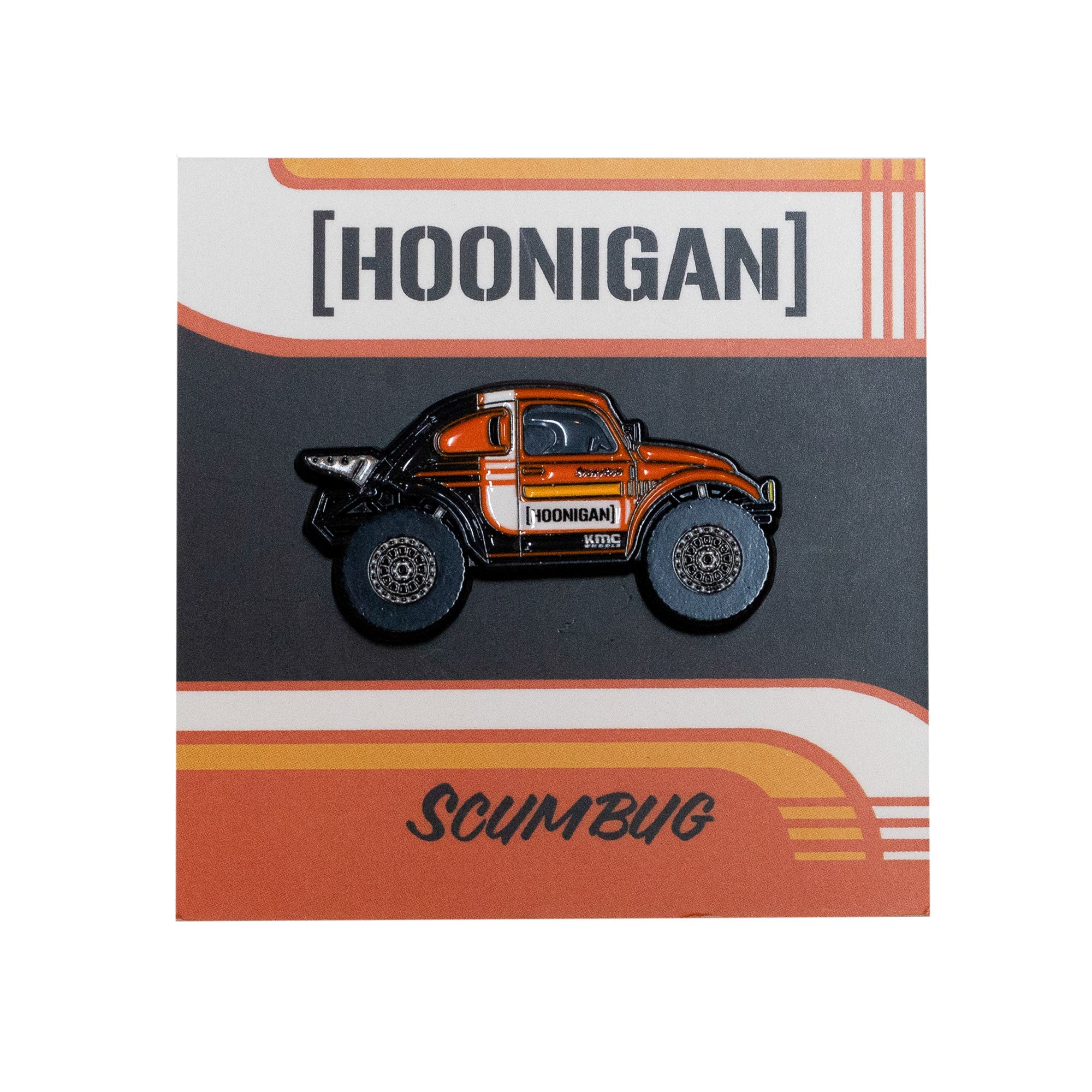 Hoonigan x Leen Customs SCUMBUG collectible pin featuring a detailed off-road vehicle design on a branded card.
