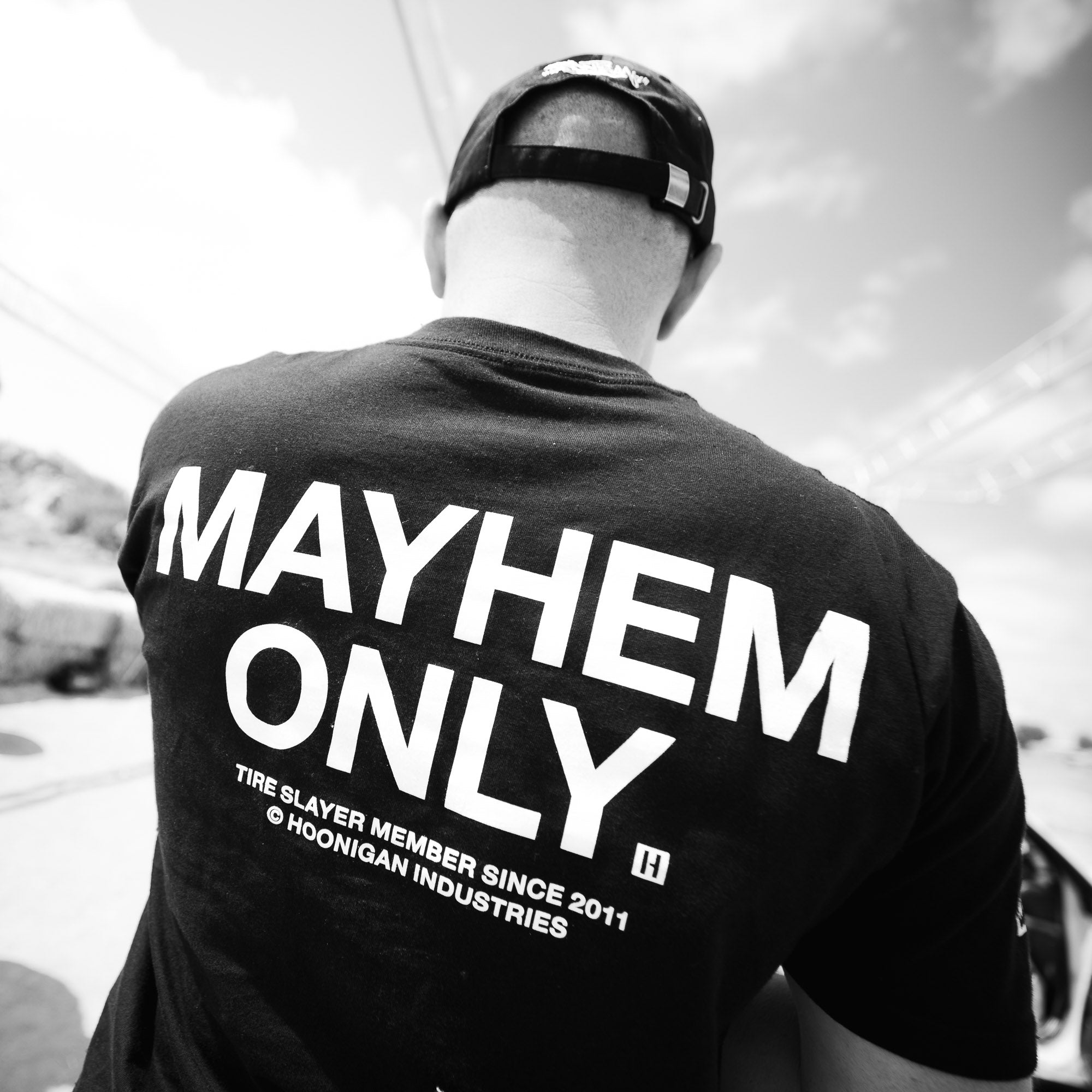 Black Hoonigan MAYHEM short sleeve tee featuring bold white graphics on the front.