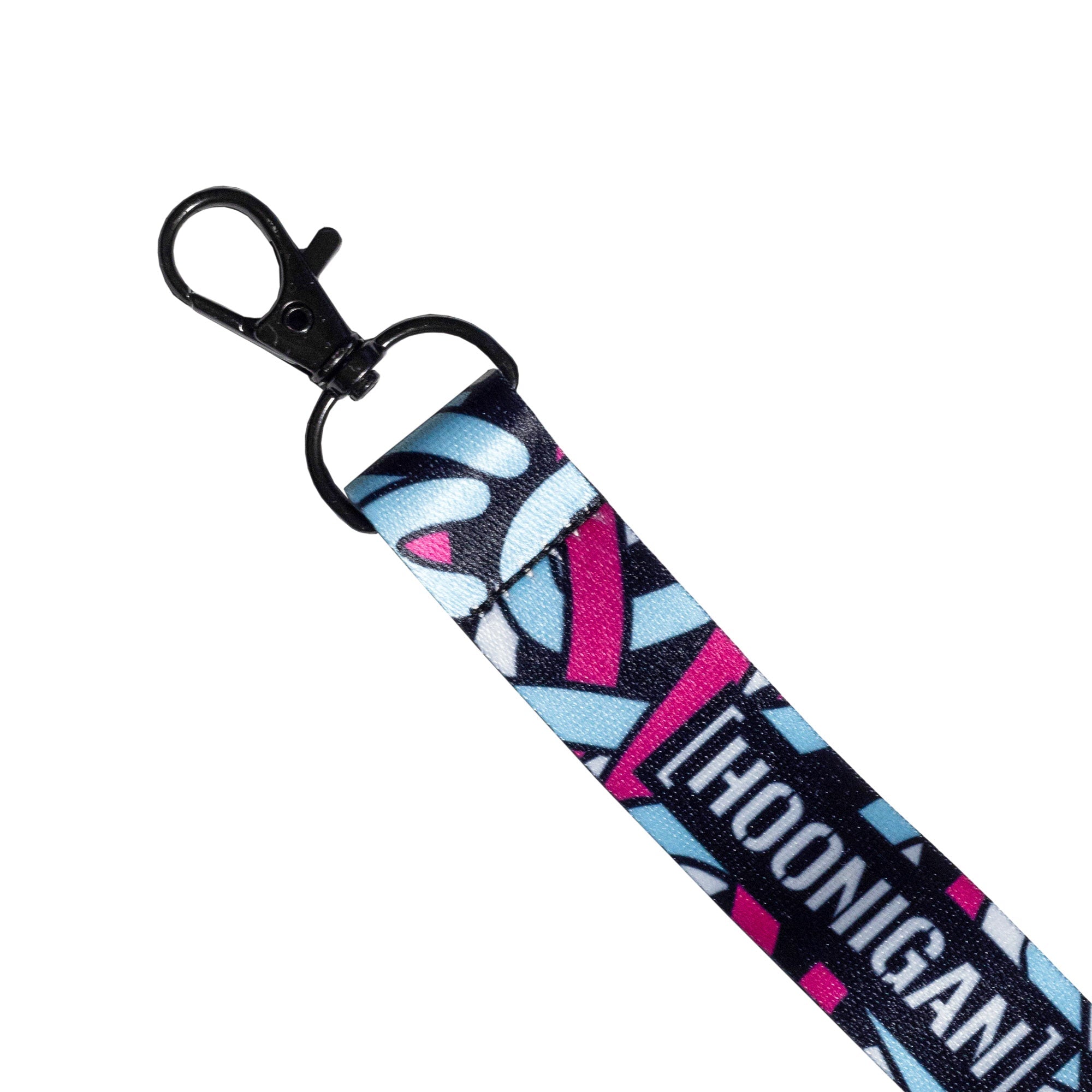 Hoonigan x Lia Block SCRIPT lanyard featuring a vibrant design and a sturdy clip for keys or ID badges.
