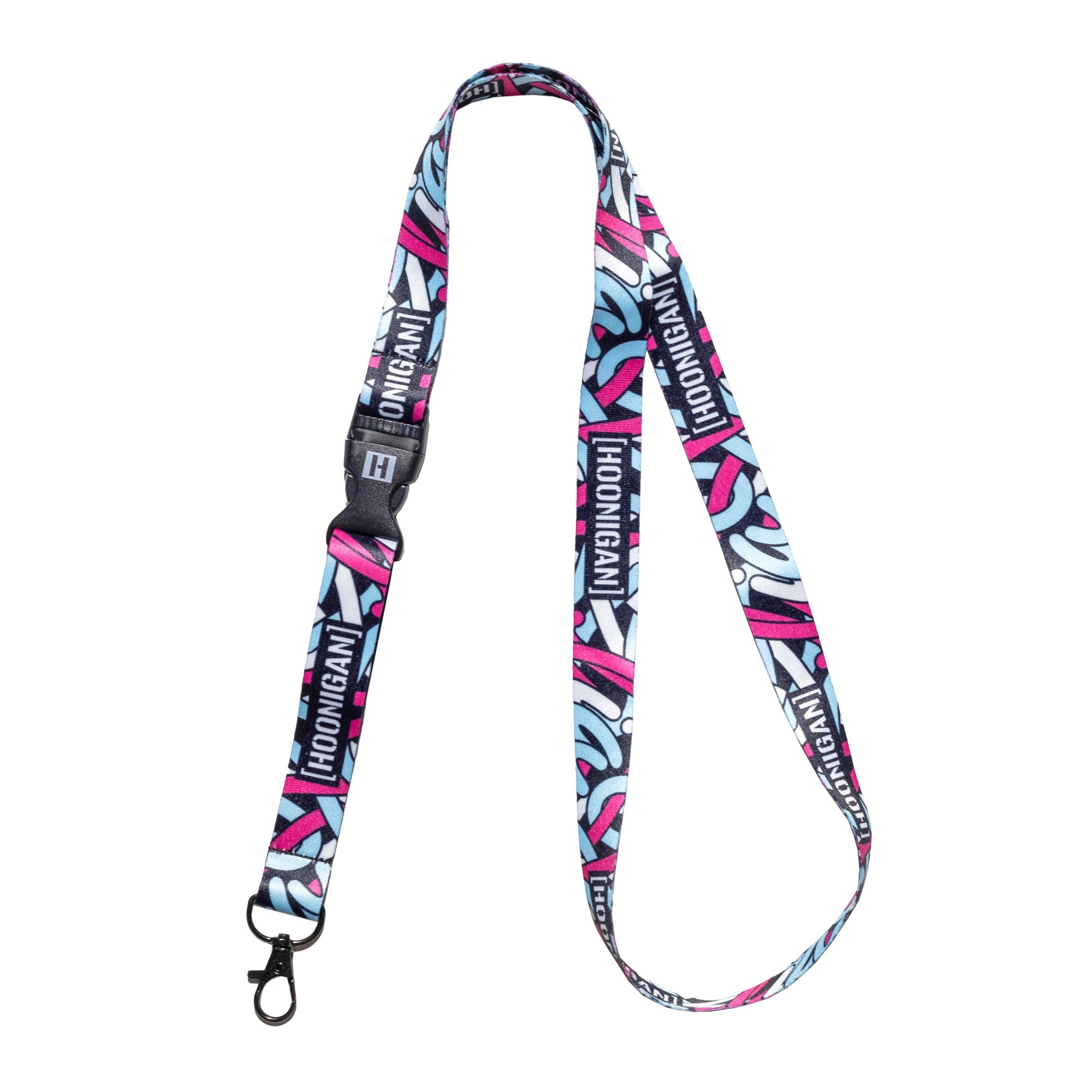 Colorful Hoonigan x Lia Block SCRIPT lanyard featuring bold branding and a secure clip for keys or ID badges.