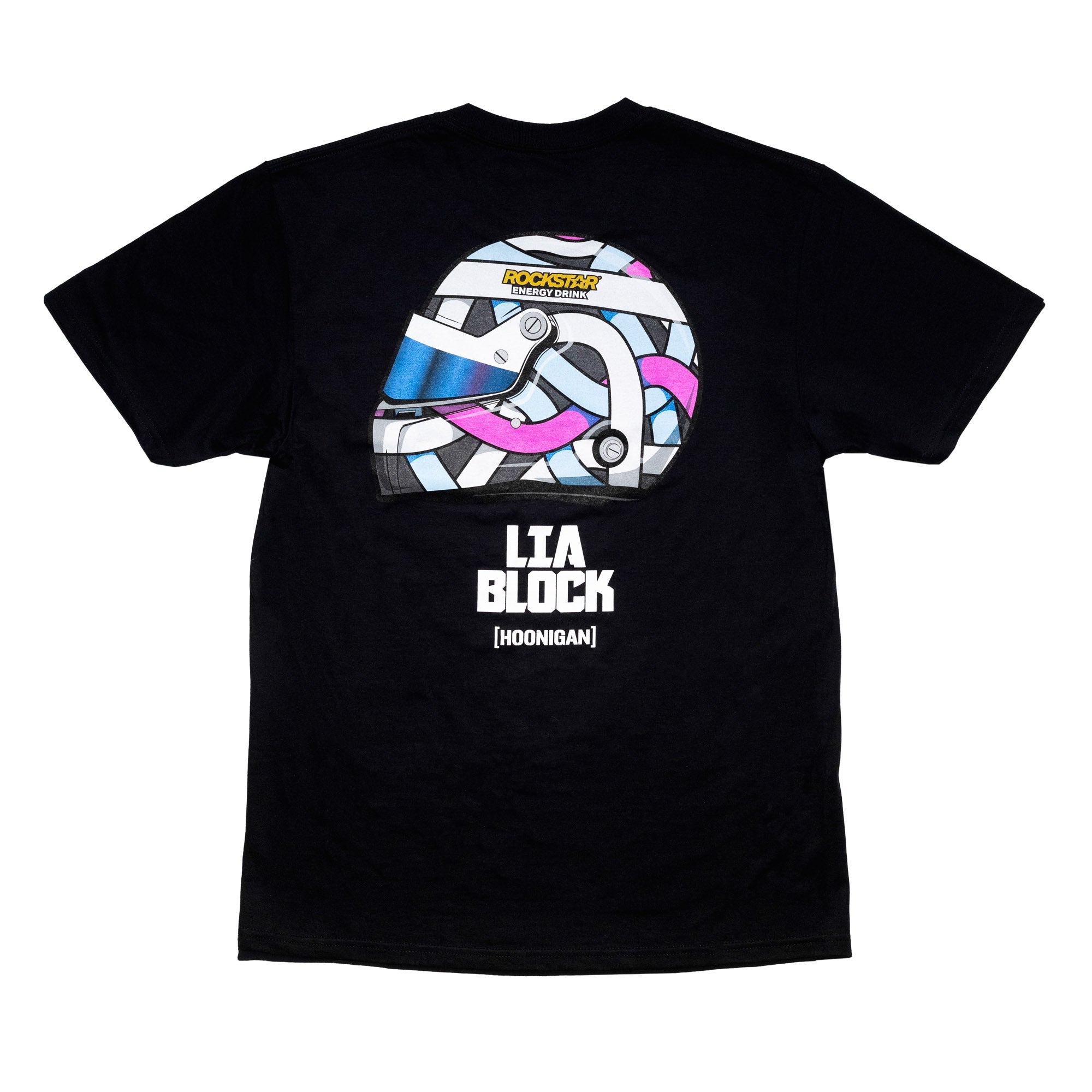 Black short sleeve t-shirt featuring a colorful helmet graphic and "LIA BLOCK" text on the back, celebrating motorsport culture.