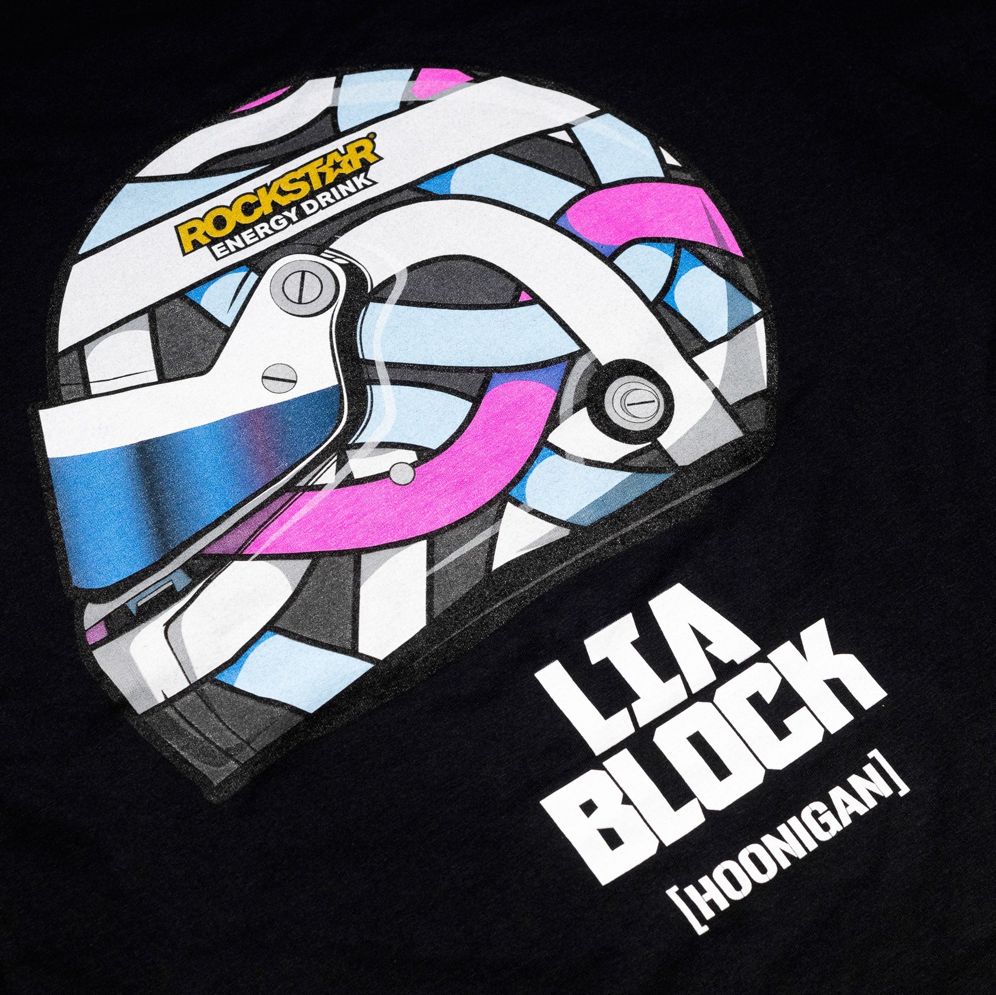 Short sleeve t-shirt featuring a colorful helmet design and the name Lia Block, representing Hoonigan's motorsport culture.