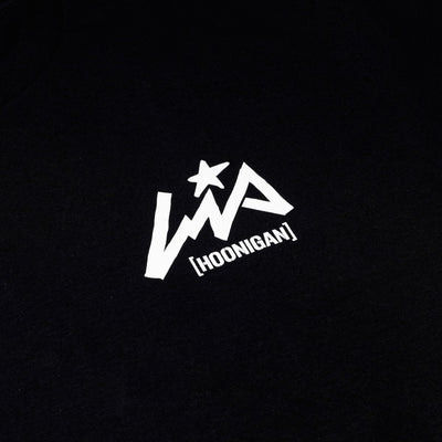 Black short sleeve t-shirt featuring the Hoonigan x Lia Block logo in bold white print, perfect for motorsport enthusiasts.