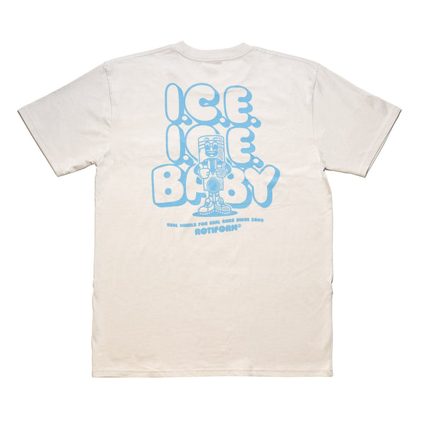 Rotiform COMBUST Short Sleeve T-Shirt featuring a playful "Ice Ice Baby" graphic in blue on a cream background.