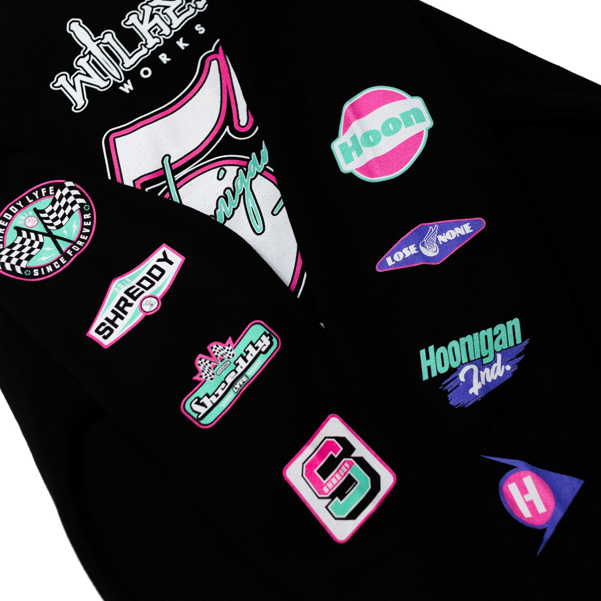 Hoonigan x Shreddy Pullover Hoodie featuring vibrant graphic patches and logos for motorsport enthusiasts.