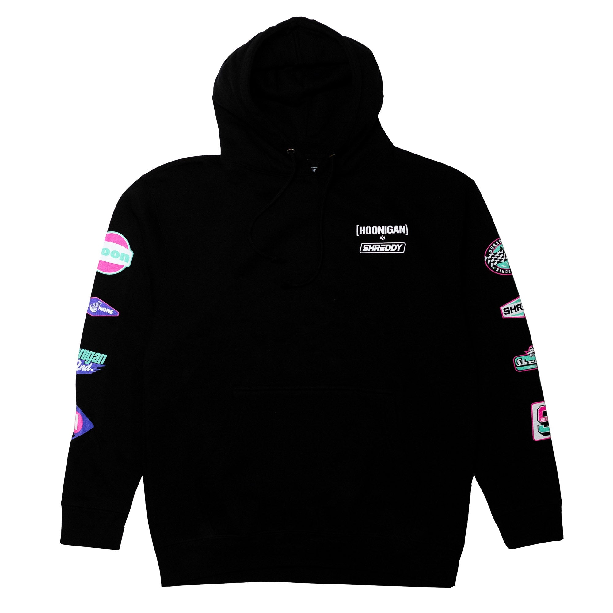 Black pullover hoodie featuring Hoonigan and Shreddy logos on the front and sleeves, perfect for motorsport enthusiasts.