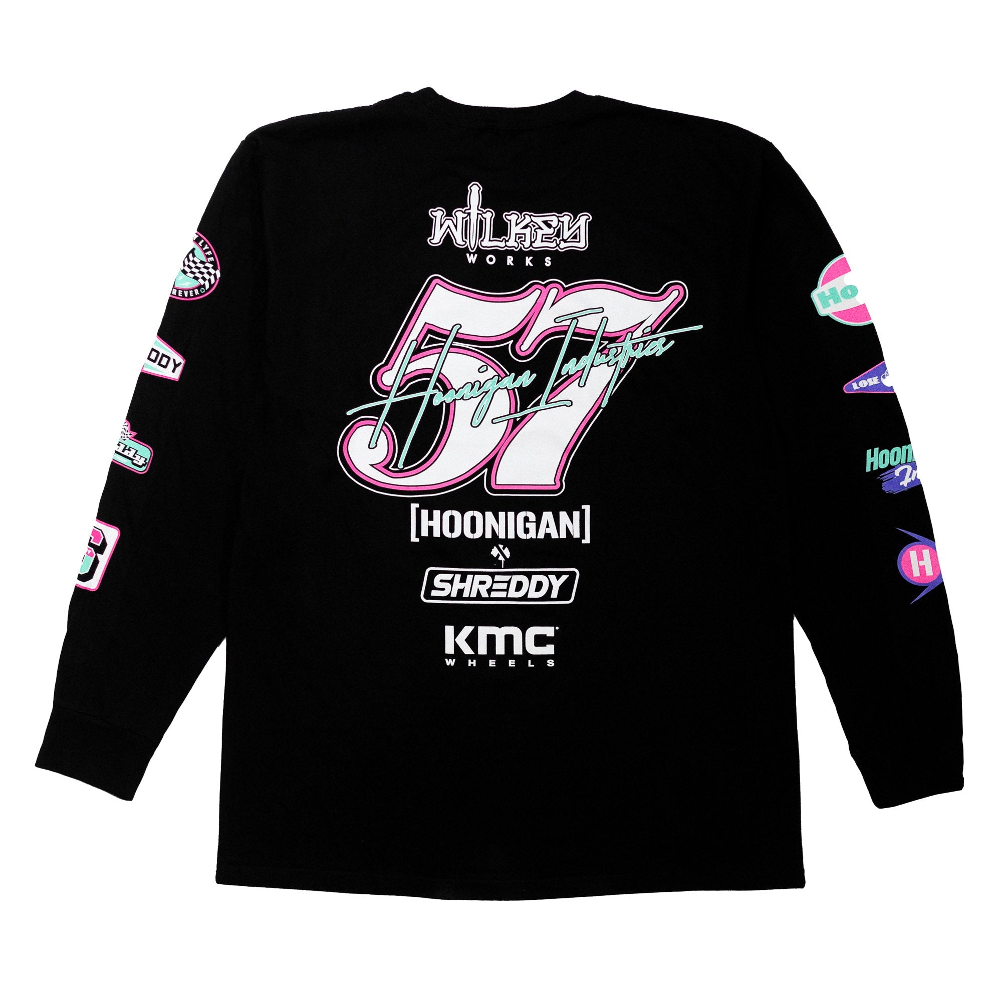 Black long sleeve t-shirt featuring Hoonigan x Shreddy 57 graphic and logos on the back and sleeves for motorsport enthusiasts.